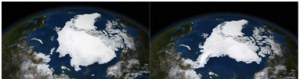 Images satellites de la banquise arctique en septembre 2005 puis en septembre 2007